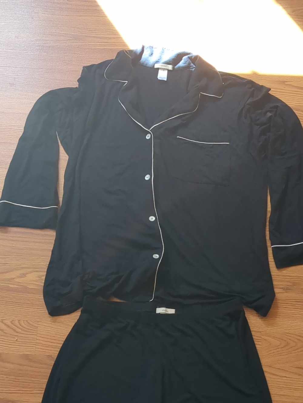 Eberjey Gisele Tencel modal black white trim button up long pajama set,-158.00 - Picture 4 of 9
